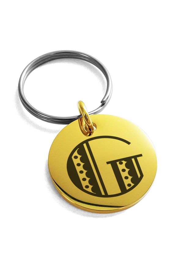 Stainless Steel Letter G Initial Metro Retro Monogram Engraved Small Medallion Circle Charm Keychain Keyring