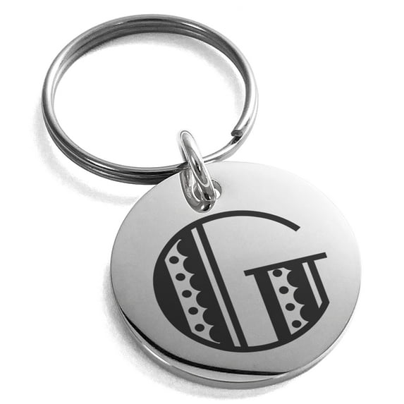 Stainless Steel Letter G Initial Metro Retro Monogram Engraved Small Medallion Circle Charm Keychain Keyring