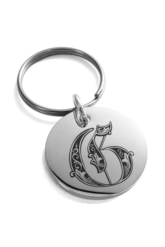 Stainless Steel Letter G Initial Royal Monogram Engraved Small Medallion Circle Charm Keychain Keyring