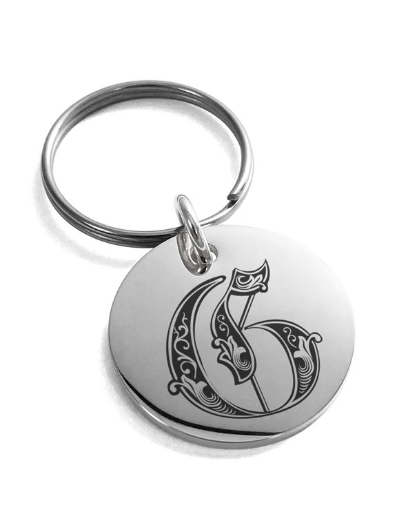 Stainless Steel Letter G Initial Royal Monogram Engraved Small Medallion Circle Charm Keychain Keyring