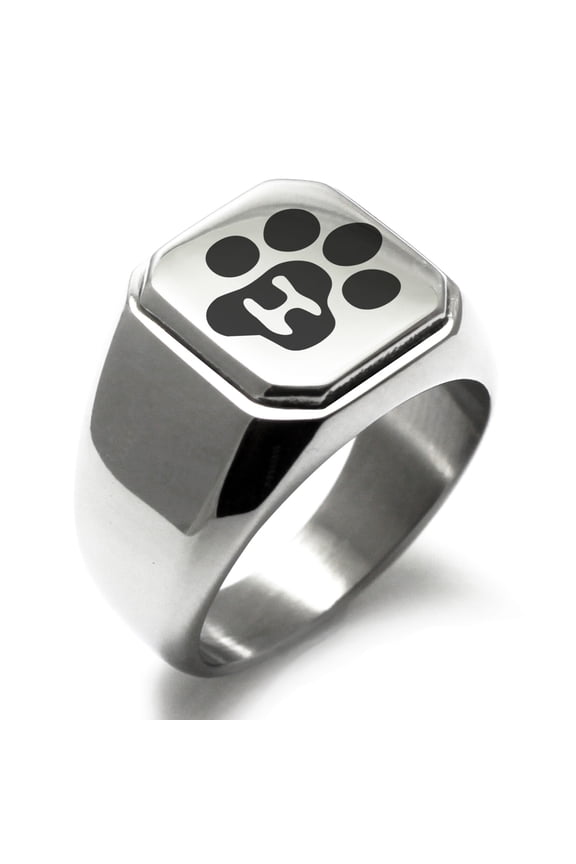 Stainless Steel Letter H Initial Cat Dog Paws Monogram Engraved Engraved Square Flat Top Biker Style Polished Signet Ring