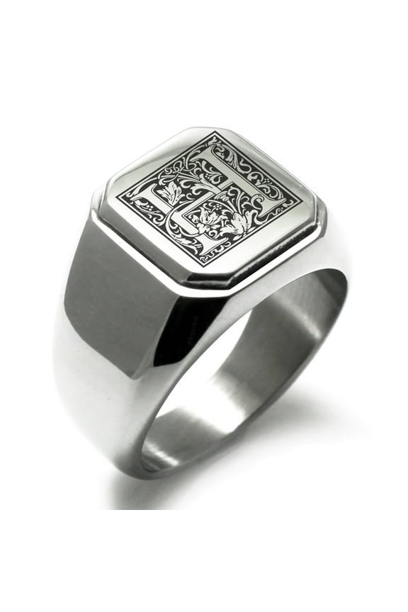Stainless Steel Letter H Initial Floral Box Monogram Engraved Engraved Square Flat Top Biker Style Polished Signet Ring