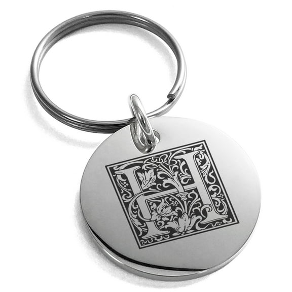 Tioneer Stainless Steel Letter H Initial Floral Box Monogram Engraved Small Medallion Circle Charm Keychain Keyring