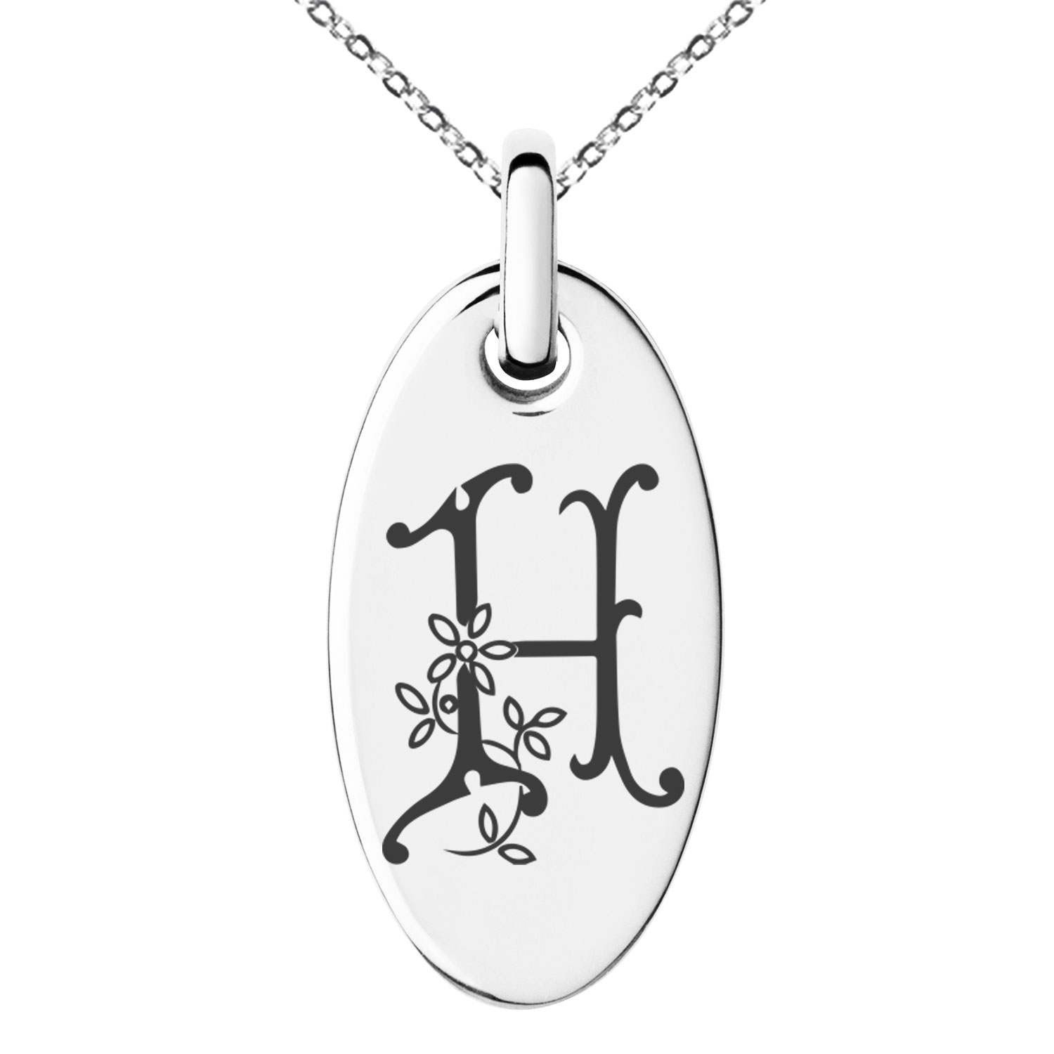 Stainless Steel Letter H Initial Floral Monogram Engraved Small Oval ...