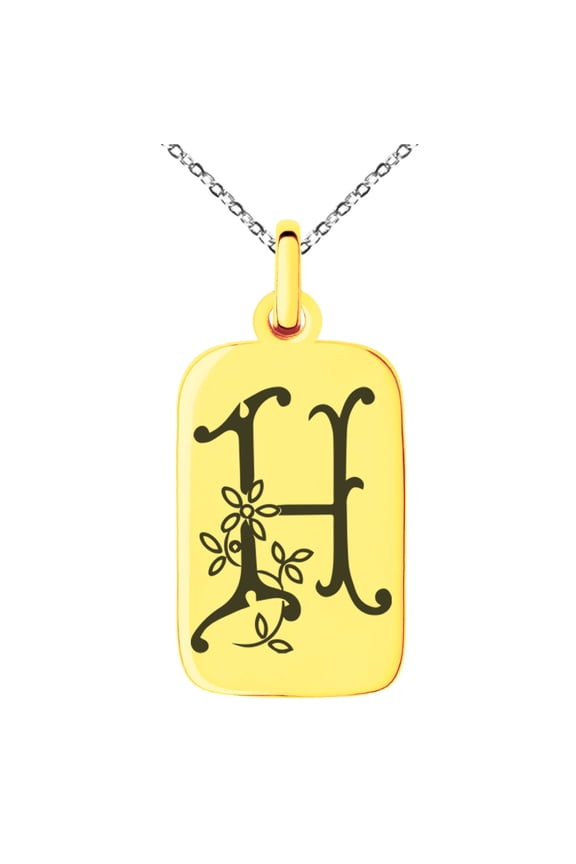 Stainless Steel Letter H Initial Floral Monogram Engraved Small Rectangle Dog Tag Charm Pendant Necklace