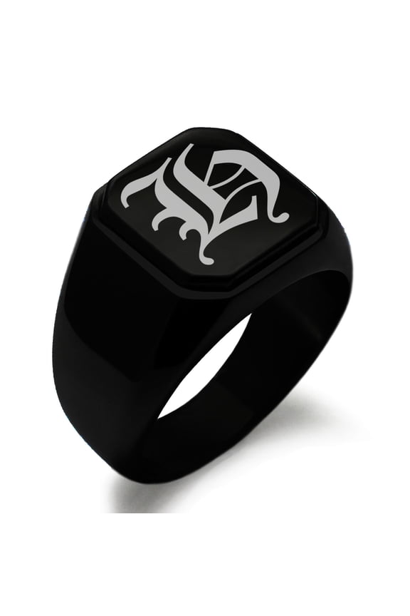 Stainless Steel Letter H Initial Old English Monogram Engraved Engraved Square Flat Top Biker Style Polished Signet Ring