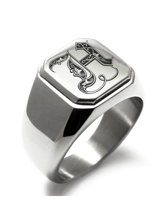 Stainless Steel Letter H Initial Royal Monogram Engraved Engraved Square Flat Top Biker Style Polished Signet Ring