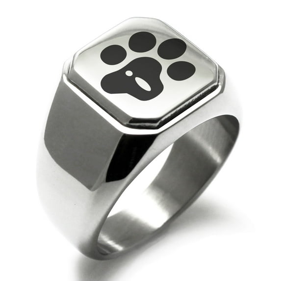 Stainless Steel Letter I Initial Cat Dog Paws Monogram Engraved Engraved Square Flat Top Biker Style Polished Signet Ring
