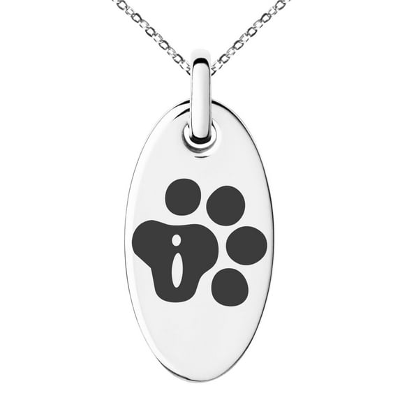 Stainless Steel Letter I Initial Cat Dog Paws Monogram Engraved Small Oval Charm Pendant Necklace