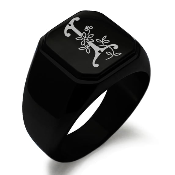 Tioneer Stainless Steel Letter I Initial Floral Monogram Engraved Square Flat Top Biker Style Polished Signet Ring