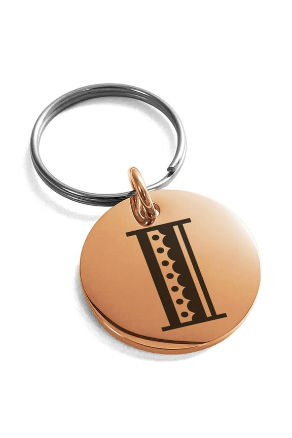 Stainless Steel Letter I Initial Metro Retro Monogram Engraved Small Medallion Circle Charm Keychain Keyring