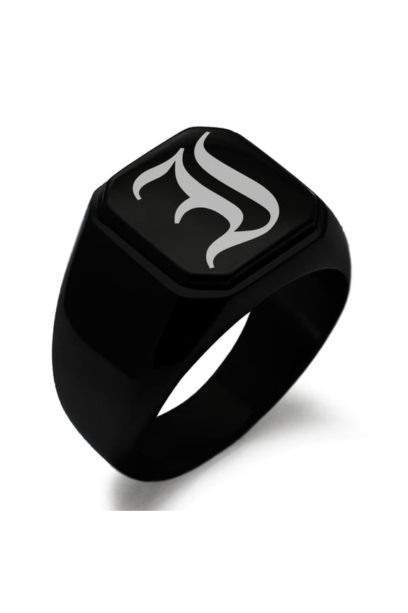 Stainless Steel Letter I Initial Old English Monogram Engraved Engraved Square Flat Top Biker Style Polished Signet Ring