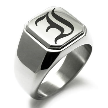 Stainless Steel Letter I Initial Old English Monogram Engraved Engraved Square Flat Top Biker Style Polished Signet Ring