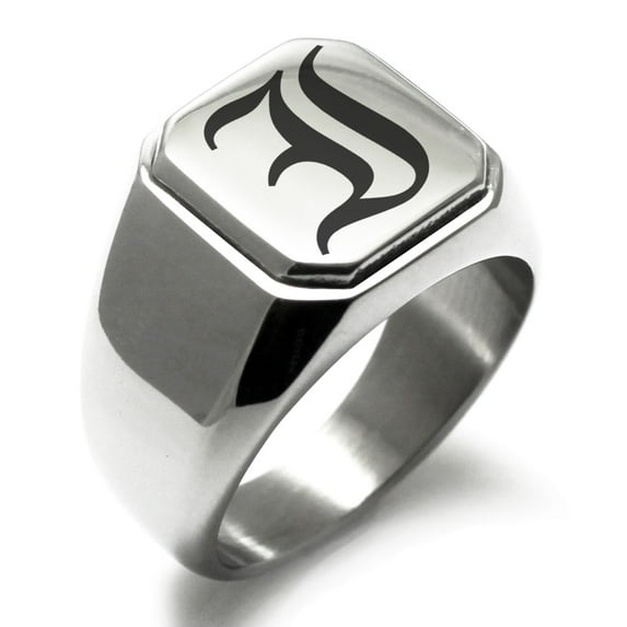 Tioneer Stainless Steel Letter I Initial Old English Monogram Engraved Square Flat Top Biker Style Polished Signet Ring