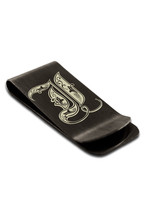 Stainless Steel Letter I Initial Royal Monogram Engraved Engraved Money Clip Credit Card Holder