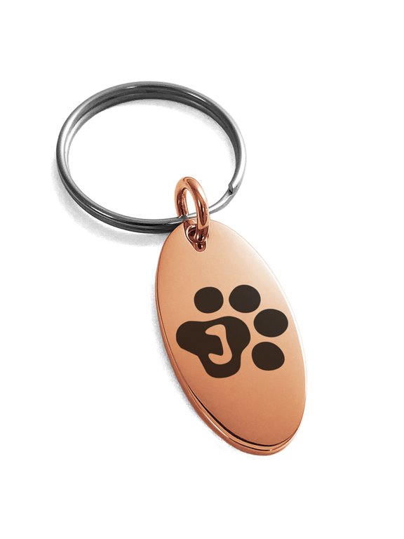 Stainless Steel Letter J Initial Cat Dog Paws Monogram Engraved Small Oval Charm Keychain Keyring