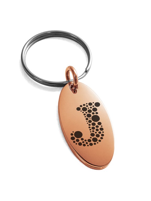 Stainless Steel Letter J Initial Dotted Monogram Engraved Small Oval Charm Keychain Keyring
