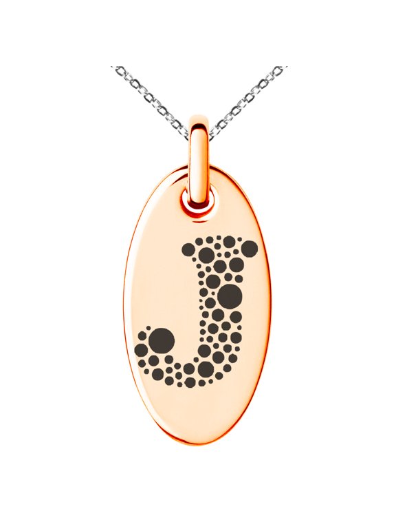 Stainless Steel Letter J Initial Dotted Monogram Engraved Small Oval Charm Pendant Necklace