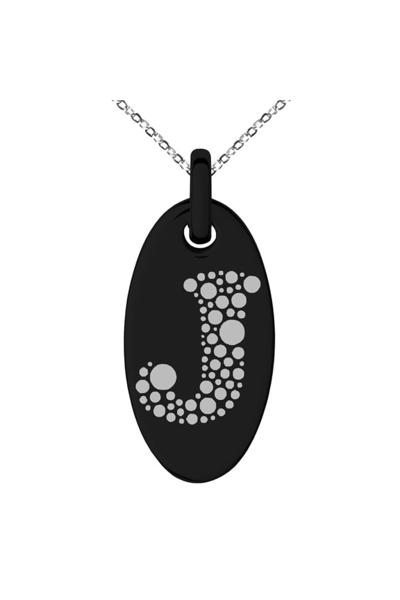 Stainless Steel Letter J Initial Dotted Monogram Engraved Small Oval Charm Pendant Necklace