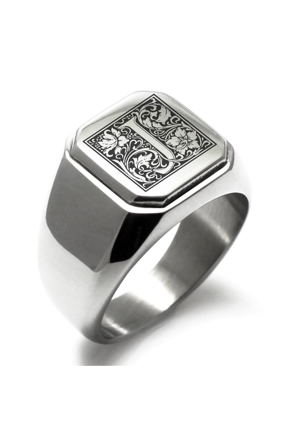 Stainless Steel Letter J Initial Floral Box Monogram Engraved Engraved Square Flat Top Biker Style Polished Signet Ring