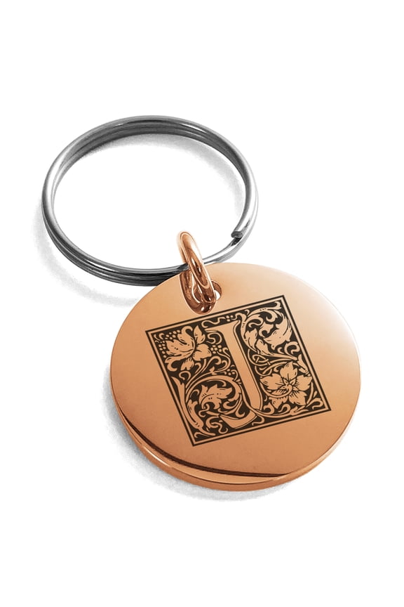 Stainless Steel Letter J Initial Floral Box Monogram Engraved Small Medallion Circle Charm Keychain Keyring