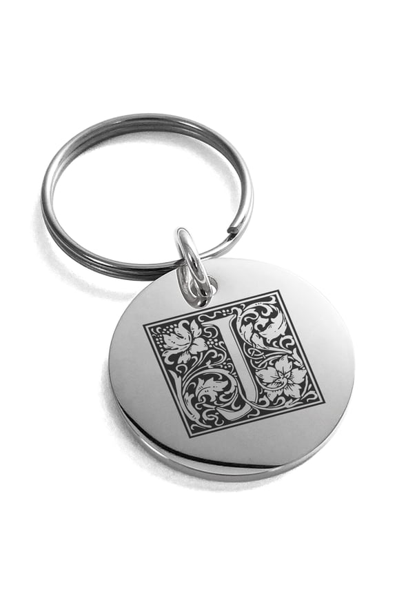 Stainless Steel Letter J Initial Floral Box Monogram Engraved Small Medallion Circle Charm Keychain Keyring