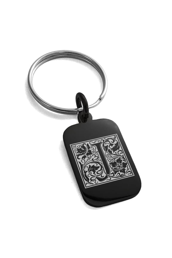 Stainless Steel Letter J Initial Floral Box Monogram Engraved Small Rectangle Dog Tag Charm Keychain Keyring