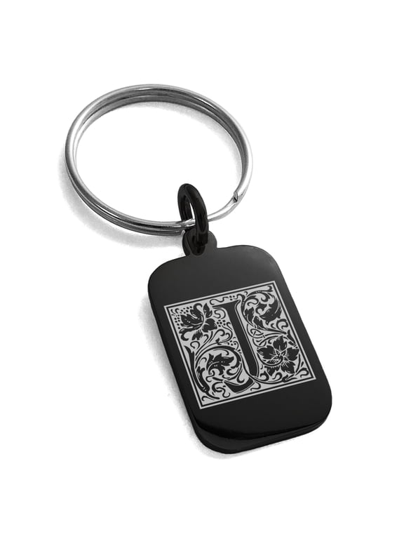 Stainless Steel Letter J Initial Floral Box Monogram Engraved Small Rectangle Dog Tag Charm Keychain Keyring