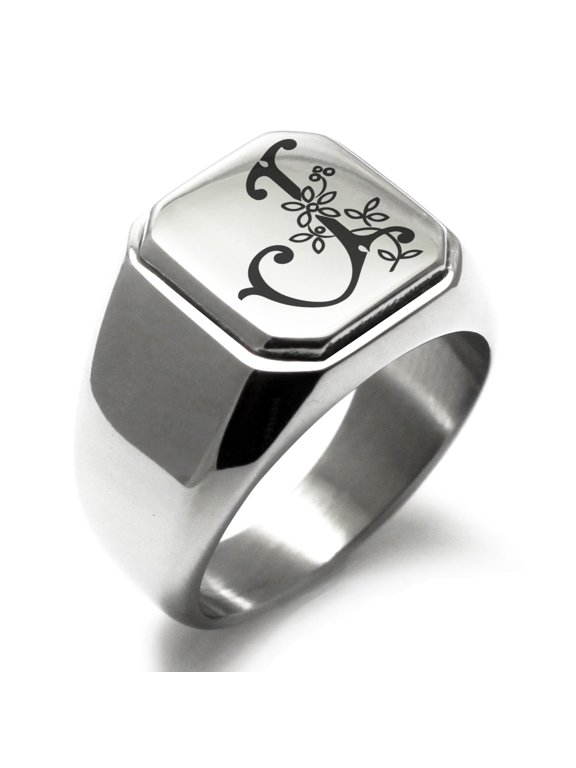 Stainless Steel Letter J Initial Floral Monogram Engraved Engraved Square Flat Top Biker Style Polished Signet Ring
