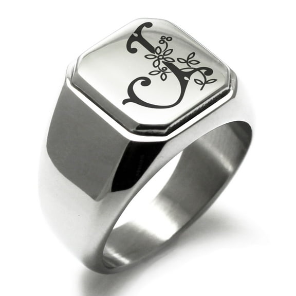 Stainless Steel Letter J Initial Floral Monogram Engraved Engraved Square Flat Top Biker Style Polished Signet Ring