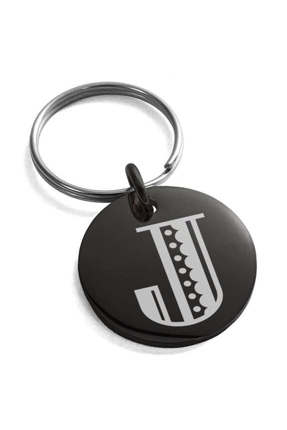 Stainless Steel Letter J Initial Metro Retro Monogram Engraved Small Medallion Circle Charm Keychain Keyring