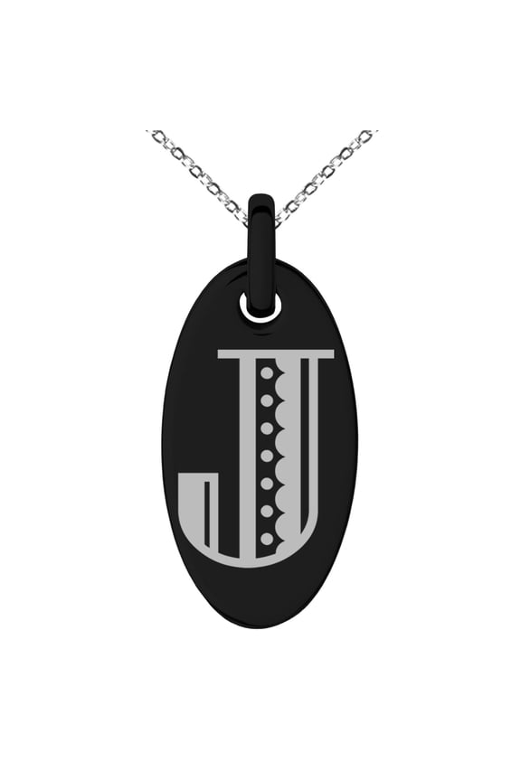 Stainless Steel Letter J Initial Metro Retro Monogram Engraved Small Oval Charm Pendant Necklace