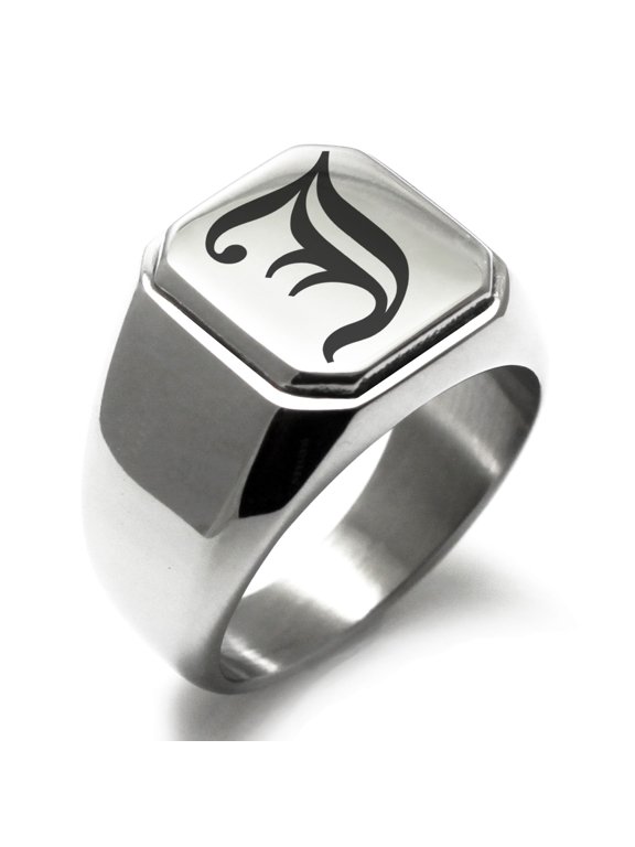 Stainless Steel Letter J Initial Old English Monogram Engraved Engraved Square Flat Top Biker Style Polished Signet Ring