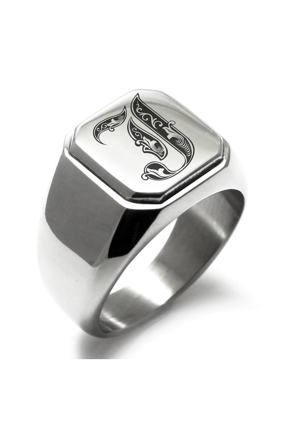 Stainless Steel Letter J Initial Royal Monogram Engraved Engraved Square Flat Top Biker Style Polished Signet Ring