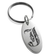 Tioneer Stainless Steel Letter J Initial Royal Monogram Engraved Small Oval Charm Keychain Keyring