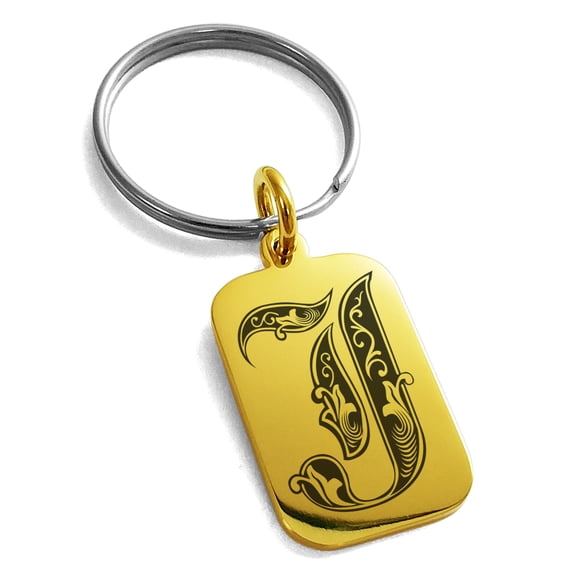 Stainless Steel Letter J Initial Royal Monogram Engraved Small Rectangle Dog Tag Charm Adult Keychain Keyring