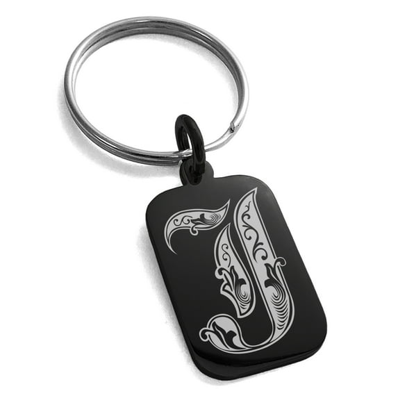 Stainless Steel Letter J Initial Royal Monogram Engraved Small Rectangle Dog Tag Charm Keychain Keyring
