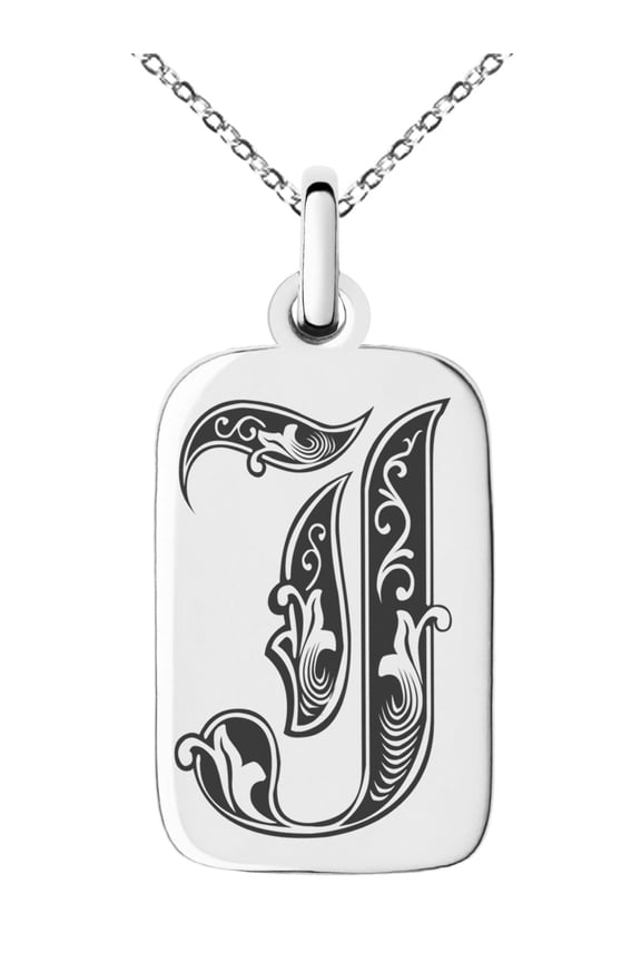 Stainless Steel Letter J Initial Royal Monogram Engraved Small Rectangle Dog Tag Charm Pendant Necklace