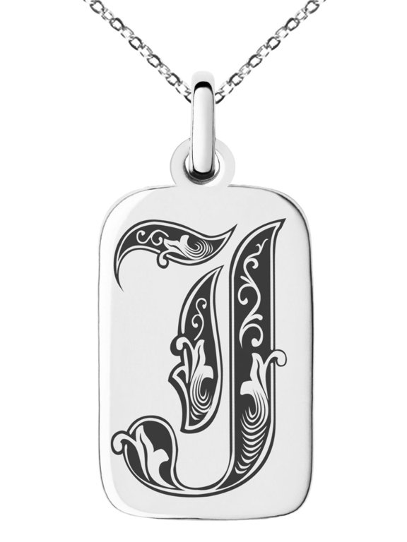 Stainless Steel Letter J Initial Royal Monogram Engraved Small Rectangle Dog Tag Charm Pendant Necklace