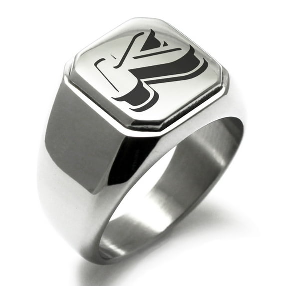 Stainless Steel Letter K Initial 3D Monogram Engraved Engraved Square Flat Top Biker Style Polished Signet Ring