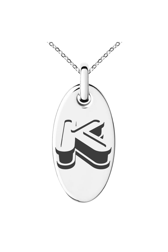Stainless Steel Letter K Initial 3D Monogram Engraved Small Oval Charm Pendant Necklace