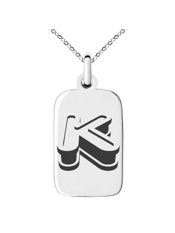 Stainless Steel Letter K Initial 3D Monogram Engraved Small Rectangle Dog Tag Charm Pendant Necklace