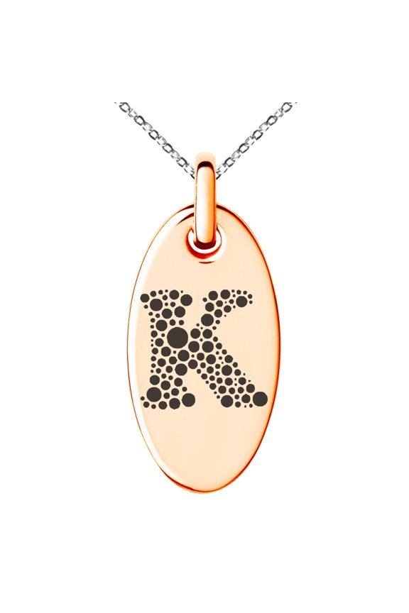 Stainless Steel Letter K Initial Dotted Monogram Engraved Small Oval Charm Pendant Necklace