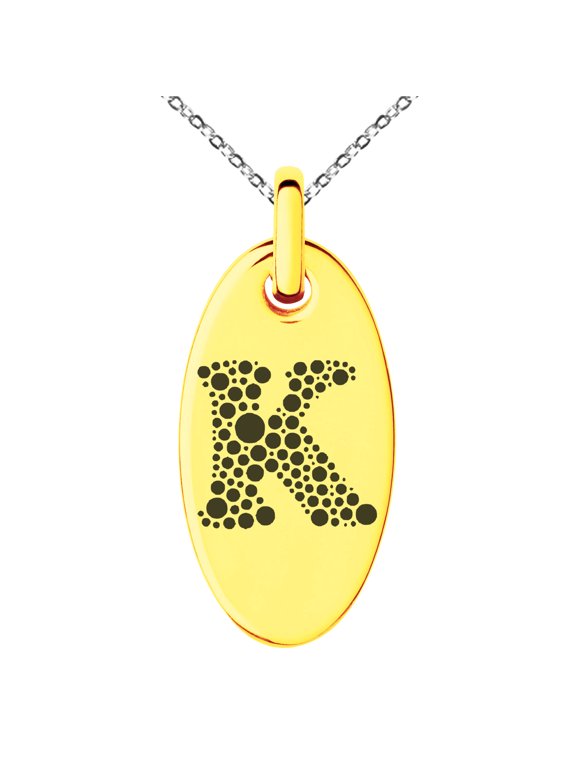 Stainless Steel Letter K Initial Dotted Monogram Engraved Small Oval Charm Pendant Necklace