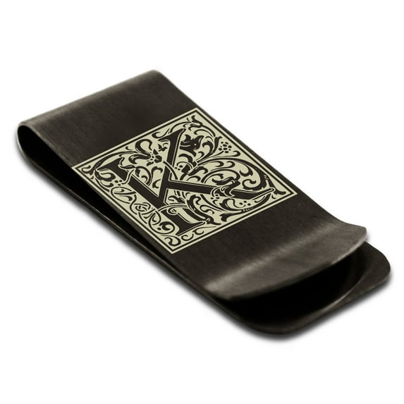 Stainless Steel Letter K Initial Floral Box Monogram Engraved Engraved Money Clip Credit Card Holder