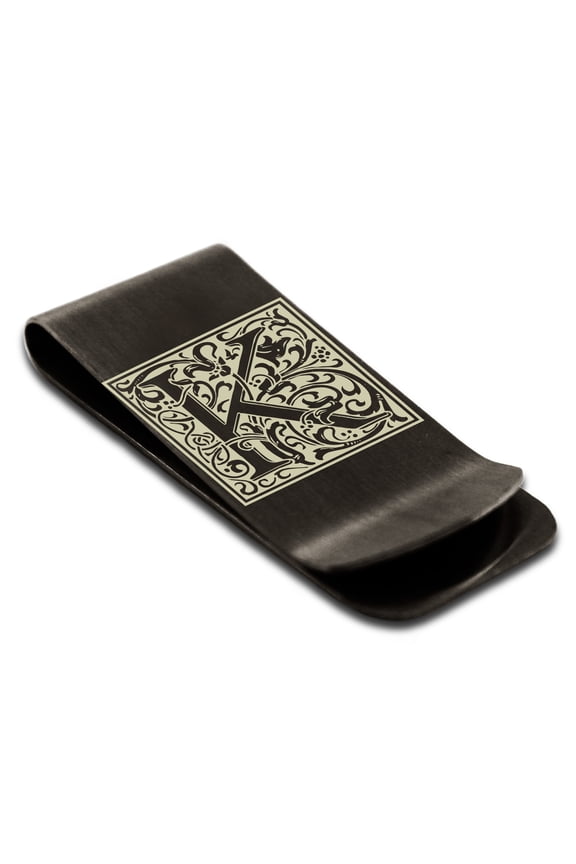 Stainless Steel Letter K Initial Floral Box Monogram Engraved Engraved Money Clip Credit Card Holder