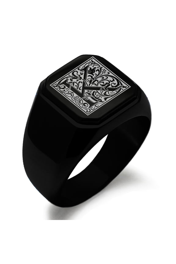 Stainless Steel Letter K Initial Floral Box Monogram Engraved Engraved Square Flat Top Biker Style Polished Signet Ring
