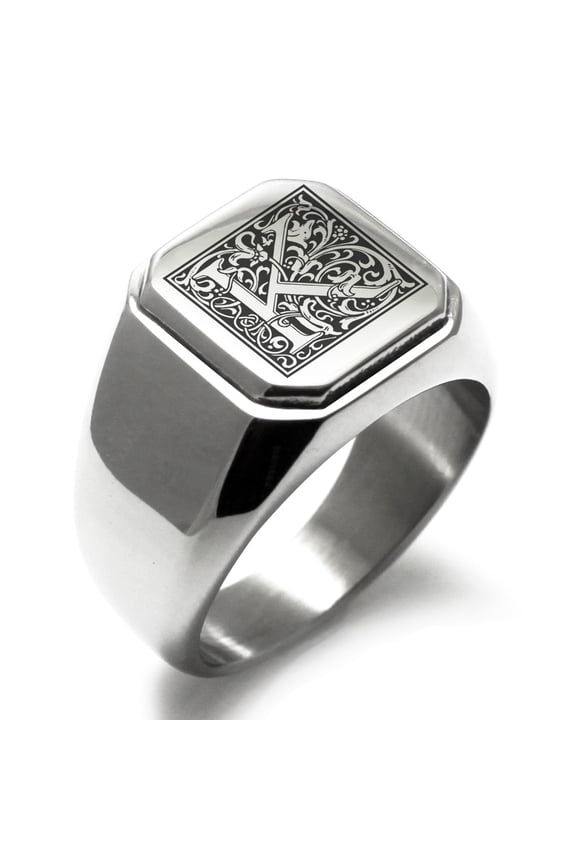 Stainless Steel Letter K Initial Floral Box Monogram Engraved Square Flat Top Biker Style Polished Signet Ring