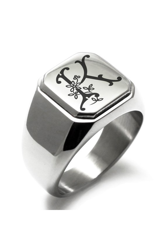 Stainless Steel Letter K Initial Floral Monogram Engraved Engraved Square Flat Top Biker Style Polished Signet Ring