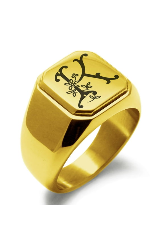 Stainless Steel Letter K Initial Floral Monogram Engraved Engraved Square Flat Top Biker Style Polished Signet Ring